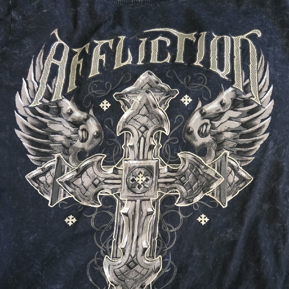 Affliction Black Tee with Cross Graphic and Studded Sleeve - Picture 2 of 2